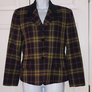 Kasper and Company Vintage 100% wool purple  lime green black plaid blazer Sz 6P